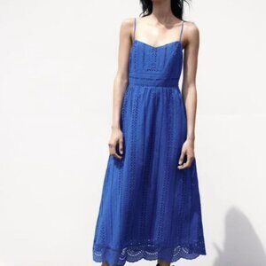 Zara Blue Cutwork Embroidered Midi Dress V Neck Thin Straps - Size XS